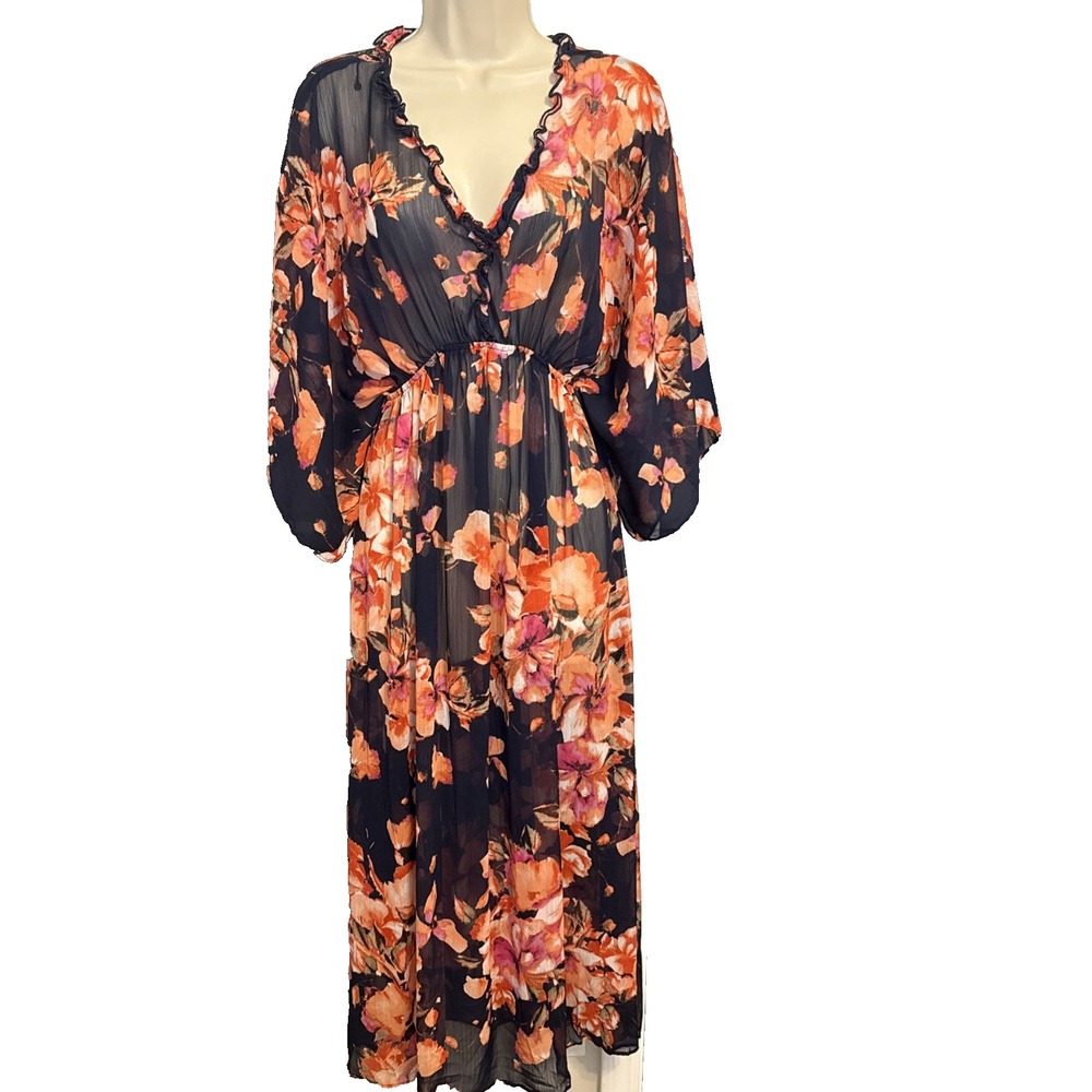 Curations Floral Sheer Maxi Dress S Kimono Sleeve Boho Festival Etheral Summer